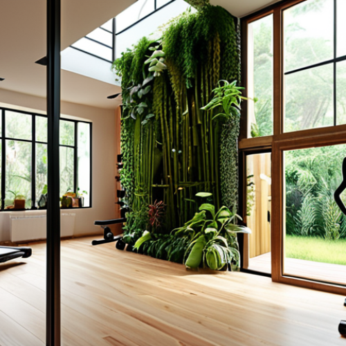 **

A modern house seamlessly blending with nature, featuring a vertical garden, large windows for natural light, and eco-friendly materials like wood and bamboo. The interior includes a combined study and home gym, reflecting personalized space design.

**