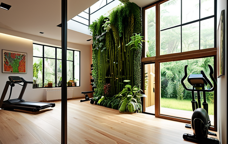 **
A modern house seamlessly blending with nature, featuring a vertical garden, large windows for natural light, and eco-friendly materials like wood and bamboo. The interior includes a combined study and home gym, reflecting personalized space design.
**