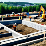 **

"A construction site overview showing foundation work in progress, with workers in hard hats and safety vests, operating machinery. Excavation, ground improvement and concrete pouring are visible. Safe for work, appropriate content, fully clothed, professional construction scene, perfect anatomy, natural proportions, high-quality photography, bright daylight, family-friendly."

**
