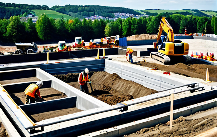 **
"A construction site overview showing foundation work in progress, with workers in hard hats and safety vests, operating machinery. Excavation, ground improvement and concrete pouring are visible. Safe for work, appropriate content, fully clothed, professional construction scene, perfect anatomy, natural proportions, high-quality photography, bright daylight, family-friendly."
**